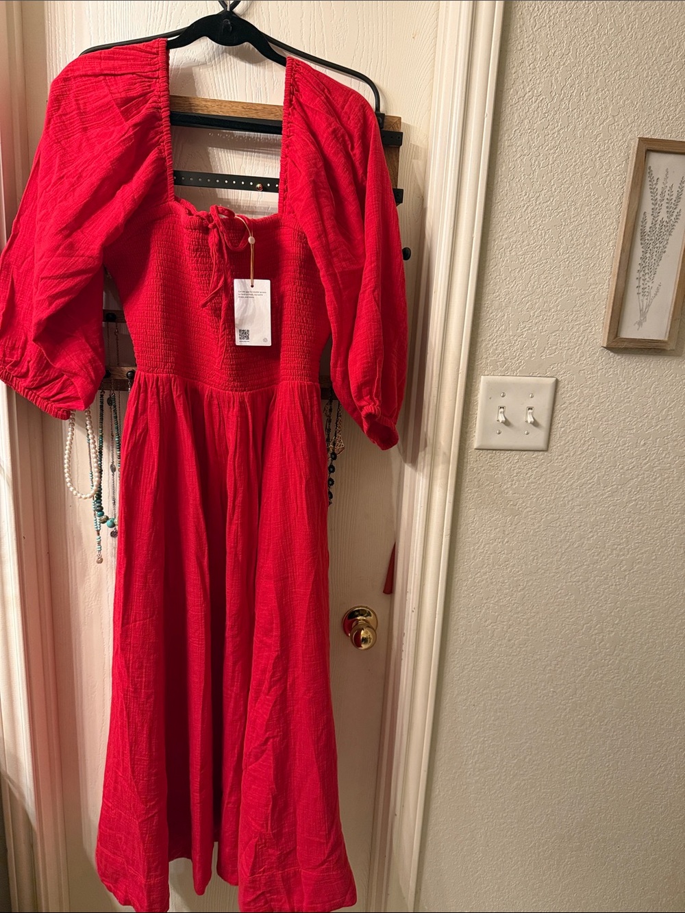 Quince Red Smocked Midi Dress with Puff Sleeves